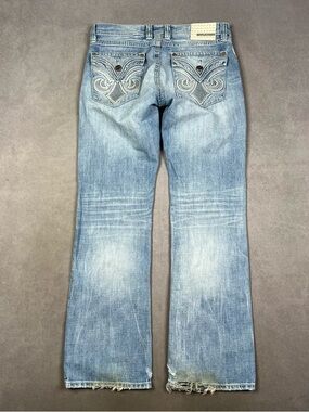Affliction Light Blue Embroidered Back-Pocket Wide Leg Jeans